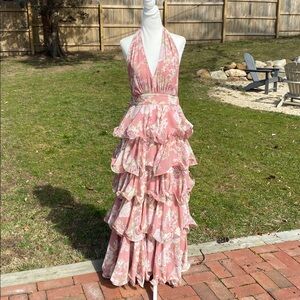 Petal & Pup Pink Floral Halter Ruffle Maxi Dress